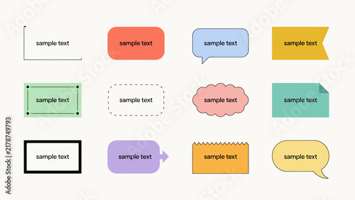 Collection of colorful text boxes and speech bubbles in a flat vector style textboxes speechbubbles chatbubbles textcontainers messageboxes thoughtbubbles