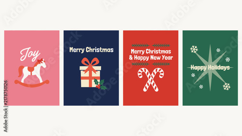 Festive holiday illustrations depict rocking horse gift candy canes and snowflakes in vector style celebration illustration seasonal winter christmas