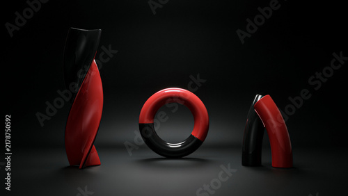Abstract 3D sculpture set with red and black twisted forms on a dark black background
