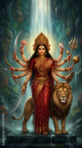 Powerful goddess durga standing beside lion under mystical waterfall with multiple arms divine weapons celebrating durga puja and navratri spiritual indian artwork