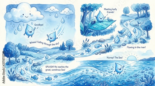 Cute cartoon water cycle illustration with clouds and raindrops