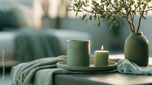 Sage green mug and candle with olive branches in calm modern interior