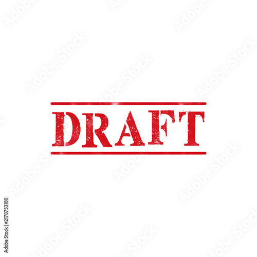 Red draft rubber stamp text with a grunge texture effect and horizontal lines for professional document mark