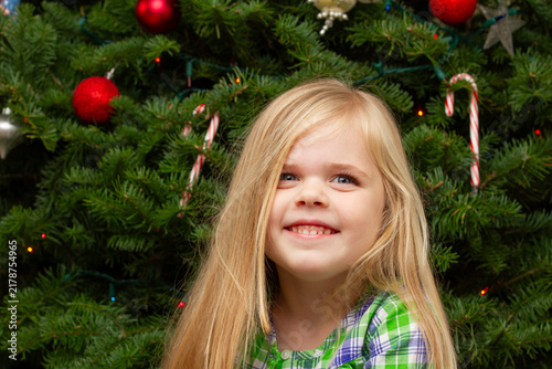 Smiling child in front of festive Christmas tree with ornaments