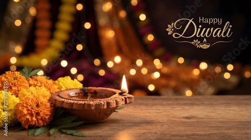 Beautiful diwali celebration with a traditional oil lamp and blurred bokeh lights