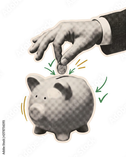 Hand placing coin into piggy bank with approval arrows for savings deposit budgeting and personal finance. Vintage paper collage illustration with transparent background and isolated elements.