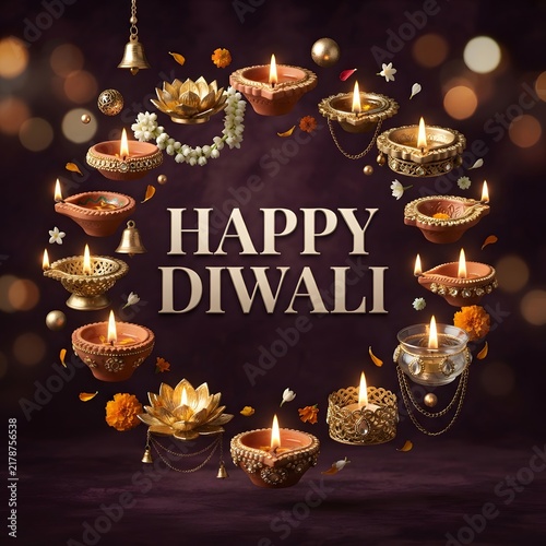 Festive happy diwali greeting with traditional oil lamps and blurred bokeh lights