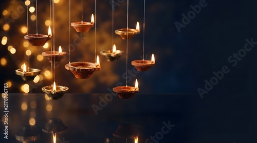 Warm glowing diya lamps illuminate a dark background during a festive celebration