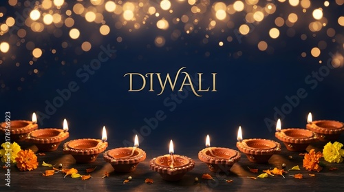 Diwali celebration with traditional oil lamps and sparkling bokeh lights in the background