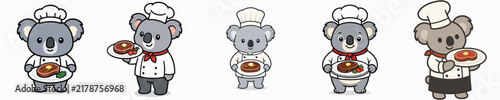 A set of cute koala vectors dressed as a chef, standing and carrying a delicious grilled meat dish.