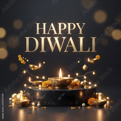 Festive happy diwali celebration with golden lights and traditional indian decorations