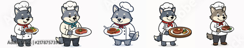 A set of cute wolf vector illustrations dressed as a chef, standing and carrying a delicious grilled meat dish.