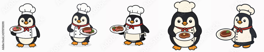 Fototapeta premium A set of cute vector penguins dressed as chefs, standing and carrying delicious grilled meat dishes.