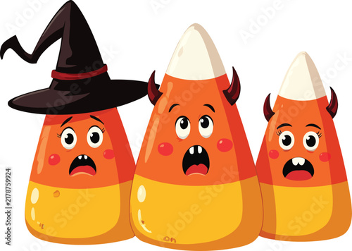 Three anthropomorphic candy corn characters with halloween costumes a vector illustration candycorn october autumn fall