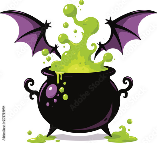 Witches cauldron with bubbling potion and wings a colorful vector illustration witchcraft brew magical fantasy
