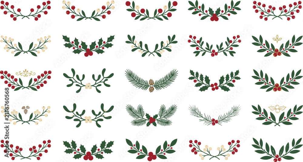 Fototapeta premium Christmas leafy wreaths collection with red berries and pinecones for holiday decoration