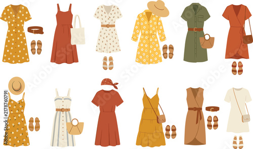 Women Summer Sundress and Fashion Outfit Vector Illustration Collection Set with Floral Prints Handbags Sandals and Hats for Cottagecore Seasonal Wardrobe Graphic Designs