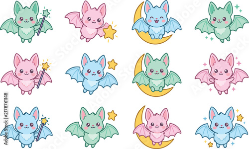 Cute Cartoon Pastel Halloween Bat Vector Character Collection Set with Magic Wand and Moon Elements for Kawaii Digital Media and Nursery Pattern Designs
