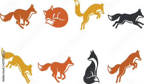 Dynamic Fox Silhouette Vector Graphic Icon Set with Running Jumping Curled and Sitting Wildlife Animal Characters for Modern Minimalist Logo Branding Designs