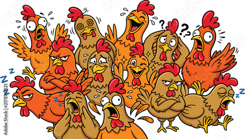 Funny Cartoon Chicken Expression Vector Character Set Displaying Group of Emotions Like Sleepy Mad Shocked Confused and Happy for Diverse Graphic Designs