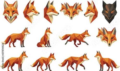 Geometric Low Poly Fox Vector Icon Set with Abstract Polygon Wildlife Animal Characters in Various Poses for Modern Logo Badge and Mascot Branding Designs