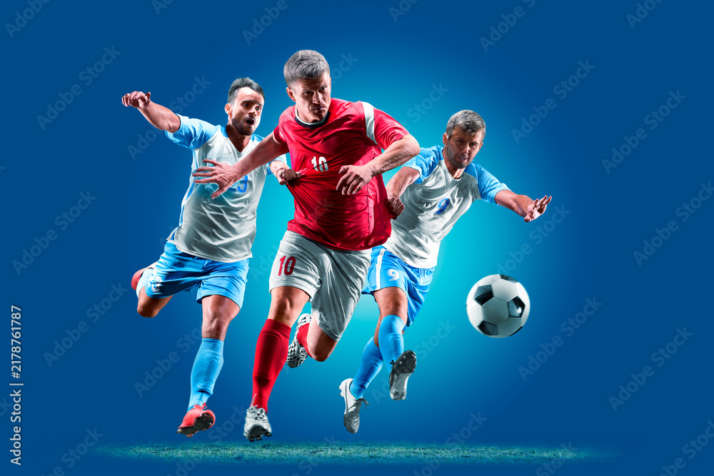 Fototapeta premium Sports concept. Professional athlete isolated on a blue background. Athlete in action. Sport