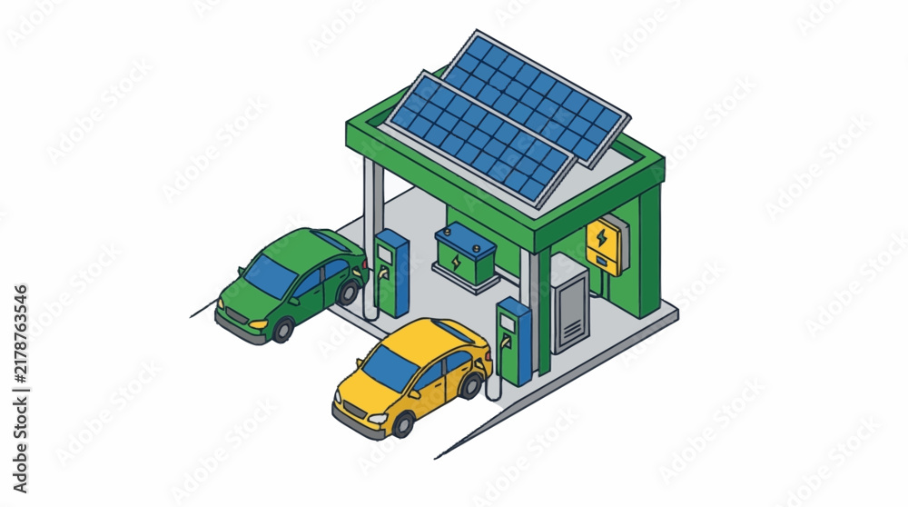 Obraz premium Electric vehicles charging at a modern service station equipped with rooftop photovoltaic panels.