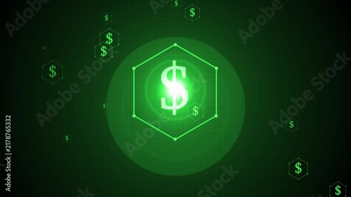 Glowing dollar symbol inside a hexagon with floating money icons animation