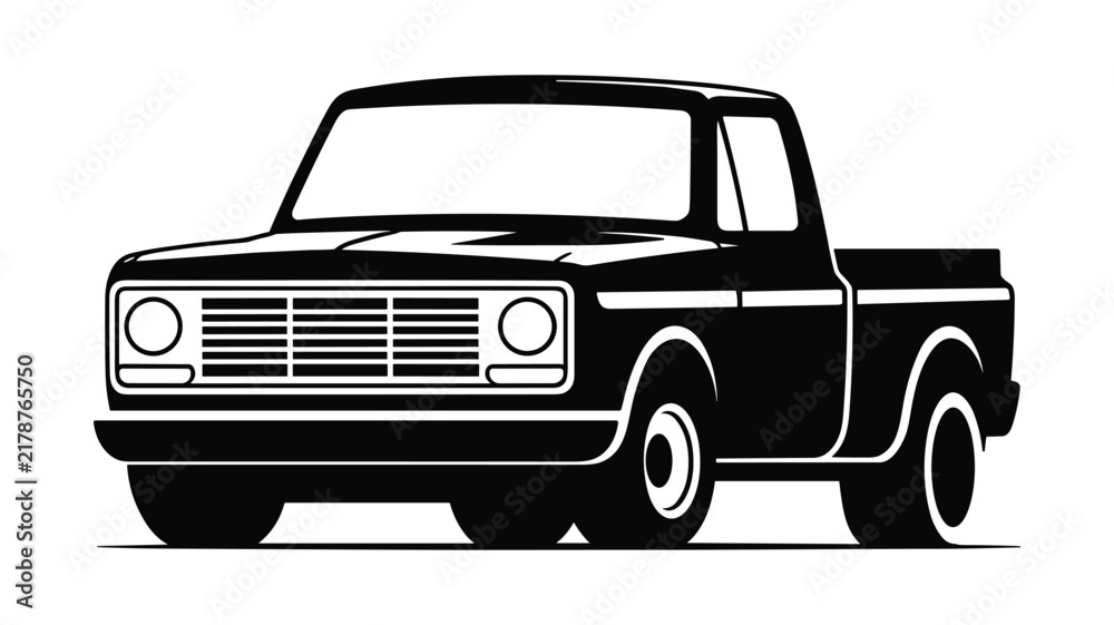 Fototapeta premium Vintage black pickup truck silhouette isolated on white background for automotive transport design.