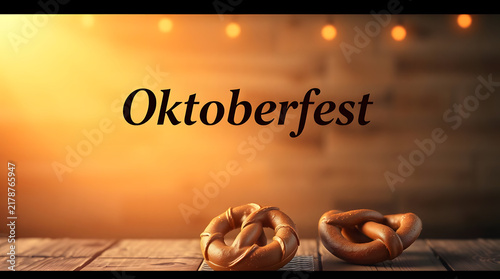 Oktoberfest text on warm bokeh lights background with beer mug silhouette