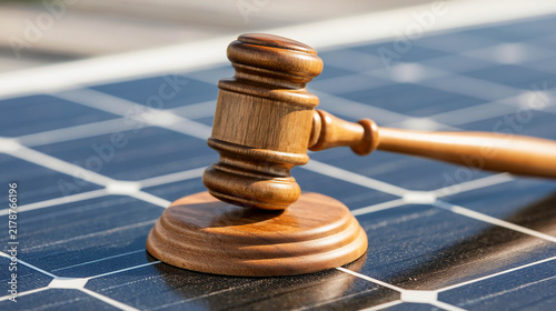 A wooden judge’s gavel lies on the surface of a solar panel — this is the concept of legal regulation of renewable energy.
