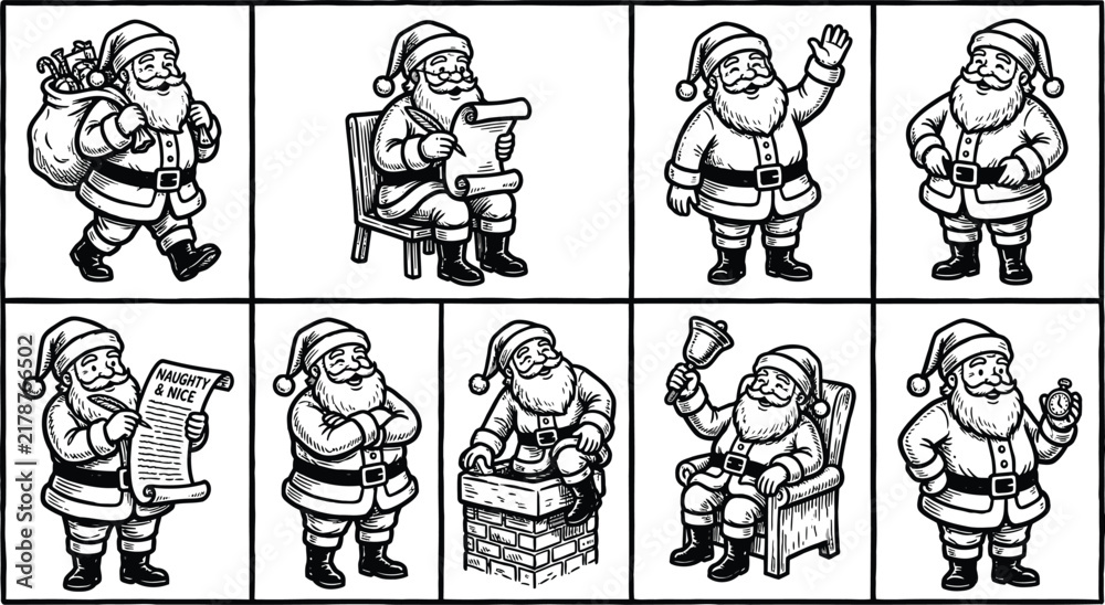 Fototapeta premium A collection of vintage black and white line art illustrations featuring various poses of santa claus for christmas
