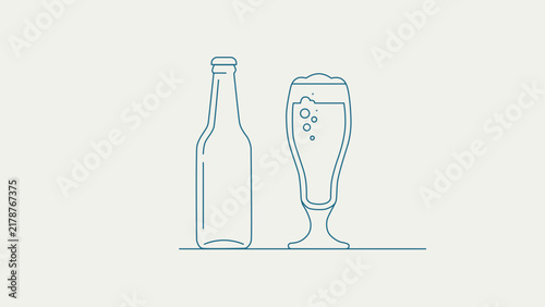 Minimalist line art illustration of a beer bottle and a glass of beer