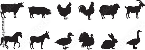 Set of black farm animal silhouettes including cow pig chicken rooster sheep goat horse donkey duck turkey rabbit and goose