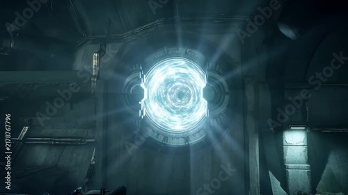Static shot of circular energy portal activating and expanding on concrete wall inside underground industrial facility chamber