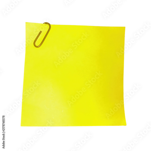 Bright yellow sticky note paper with a metal paper clip for reminders and important office messages at work