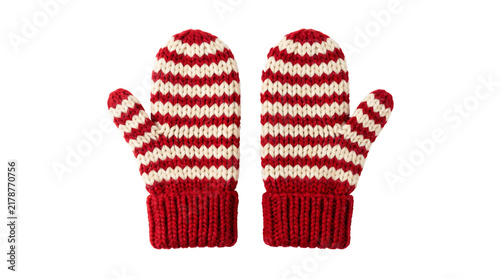 Fotografie Cozy red and white striped hand knitted wool mittens featuring textured stitchin