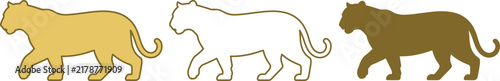 Photography Minimalist tiger silhouette set, walking wild cat vector icons, gold and outline
