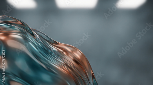 Abstract liquid metal wave flowing gracefully with copper and teal reflections in a studio