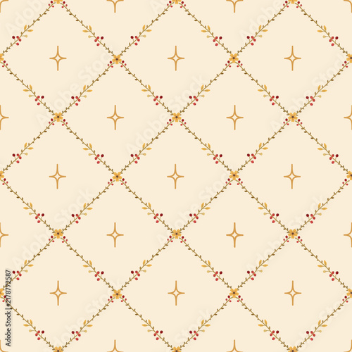 Minimal seamless pattern featuring delicate botanical vines, tiny red berries, and elegant star accents arranged in a repeating diamond lattice on a warm cream background. Perfect for autumn fabric