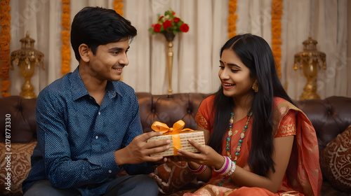 Indian brother and sister exchanging gift box during Raksha Bandhan
