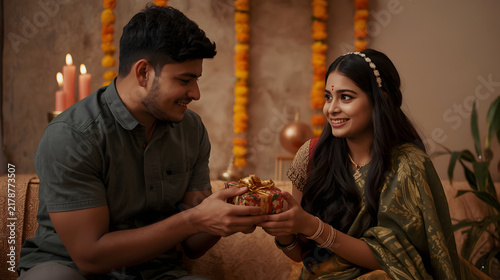 Young Indian couple exchanging Diwali gift box during festival celebration