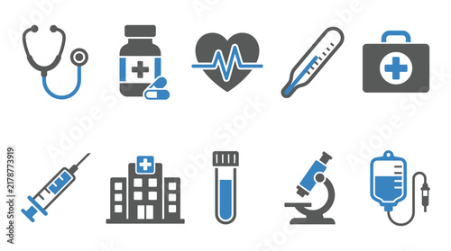 Medical icons set featuring stethoscope medicine and hospital building