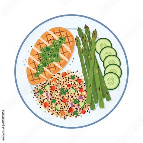 Healthy grilled chicken with quinoa and asparagus on a plate