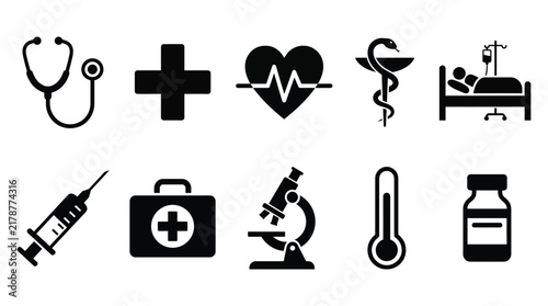Medical icons set featuring stethoscope cross and caduceus in black silhouette