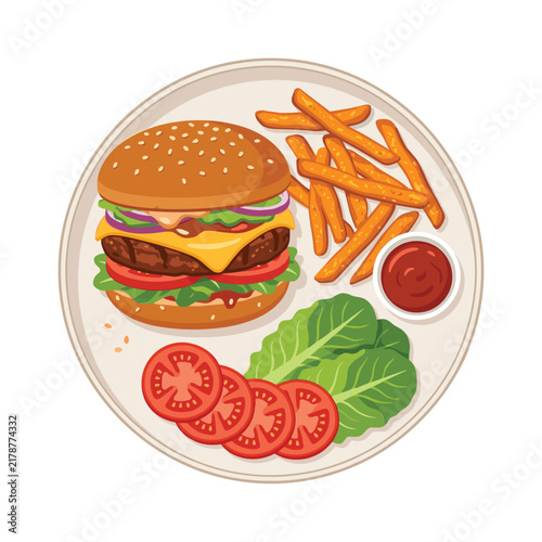 Juicy cheeseburger with french fries and fresh vegetables on a plate