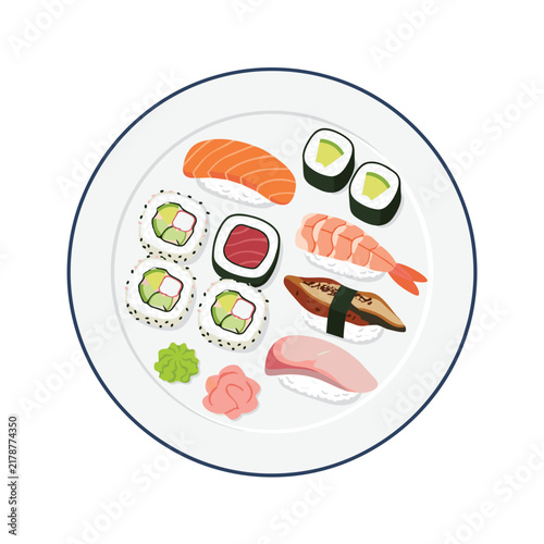 Assorted sushi platter with nigiri and maki rolls on a white plate
