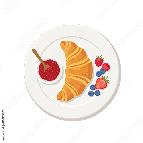 Fresh croissant with fruit jam and assorted berries for breakfast