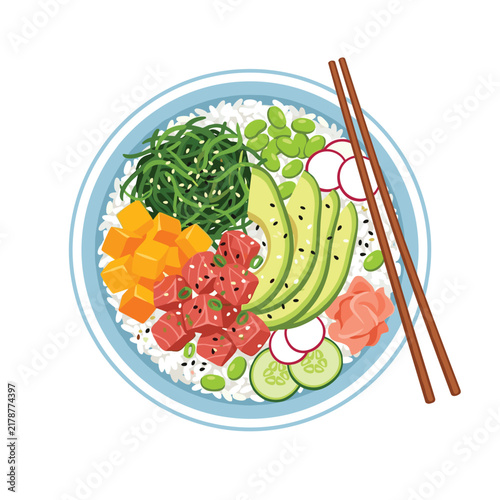 Healthy poke bowl with tuna avocado and fresh vegetables