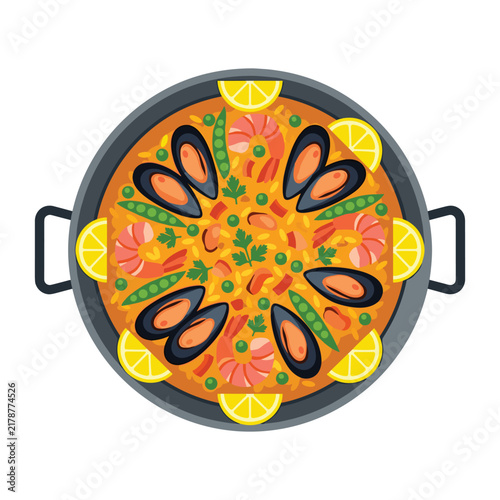 Traditional spanish seafood paella in a pan top view